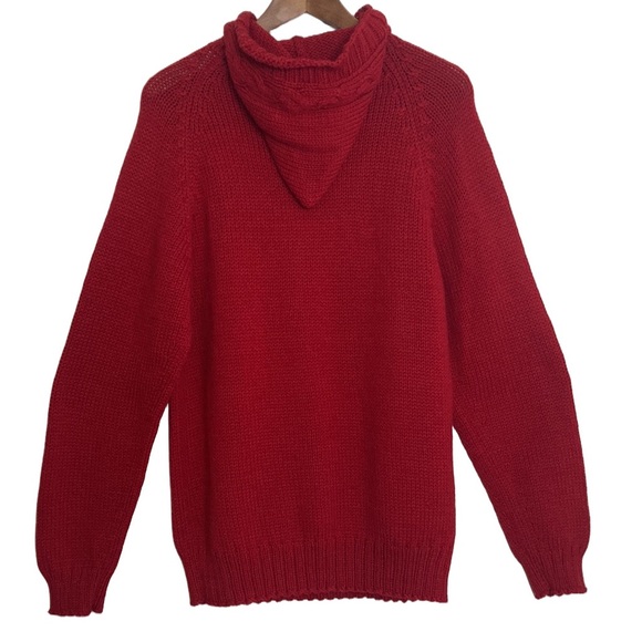 New Handmade Sweater Womens Medium Red Merino Wool Cable Knit Hoodie PEI Canada - Picture 2 of 16